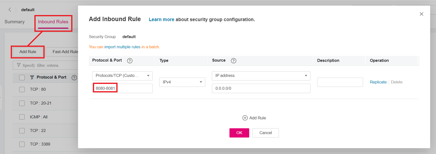 Figure 7 Adding an inbound rule for the security group