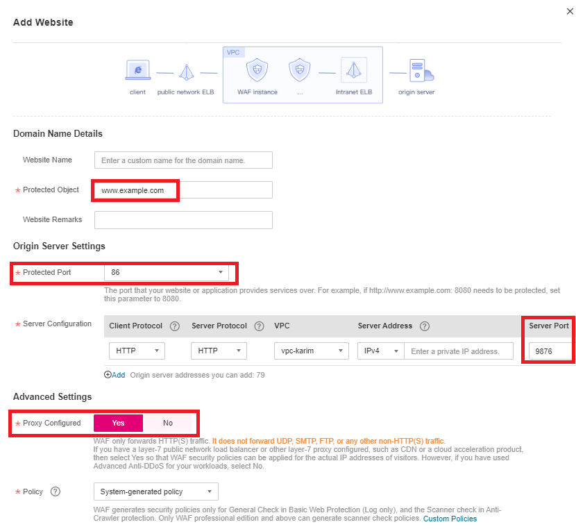 Figure 1 Adding a domain name to
WAF